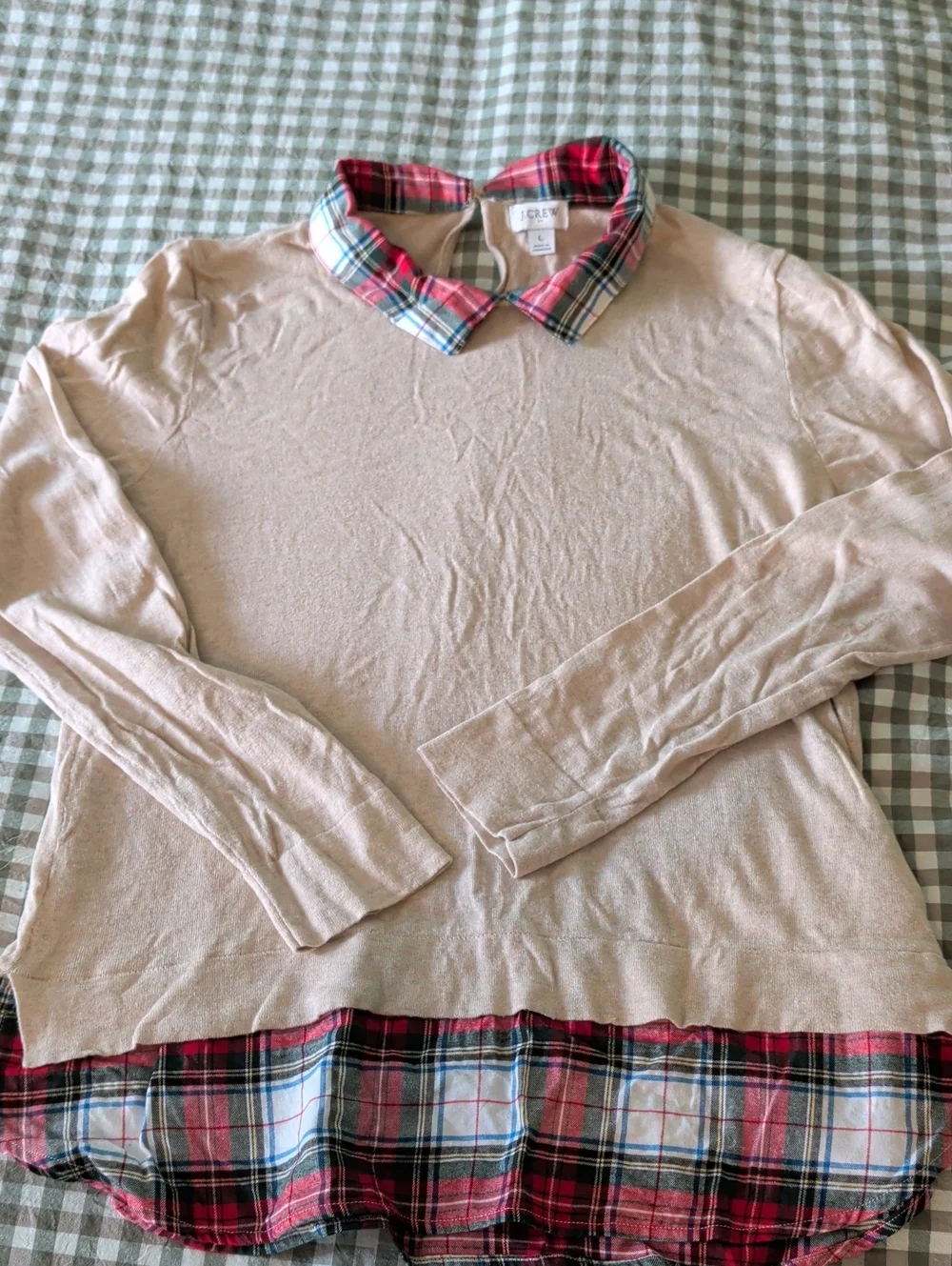 J. Crew Tan Sweater with Red Plaid Collar